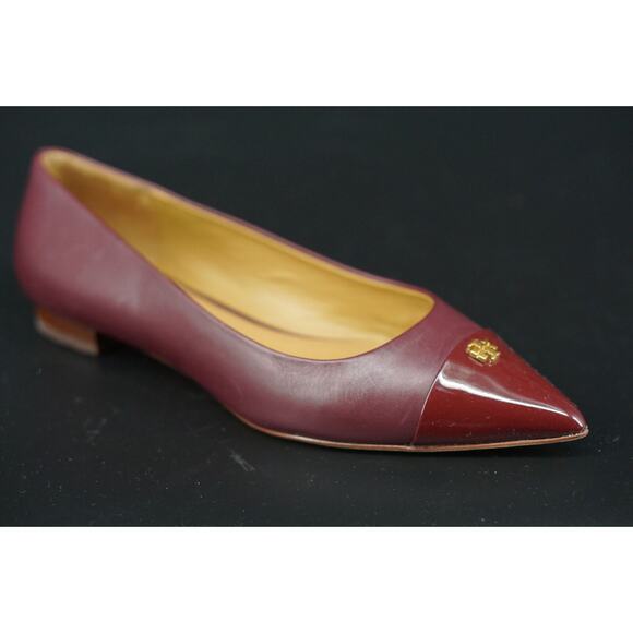 Tory Burch Burgundy Leather Fairford Pointy Toe Ballet Flats SZ 6 Logo $250 New - Picture 2 of 12